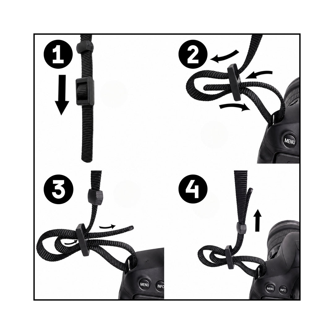 ClubCamera.com black woven nylon camera strap attachment steps for DSLR with textured buckle and non-slip fabric