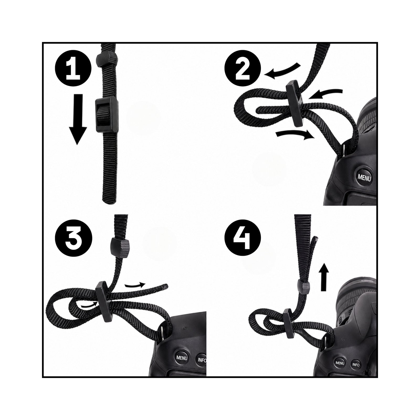 ClubCamera.com black woven nylon camera strap attachment steps for DSLR with textured buckle and non-slip fabric