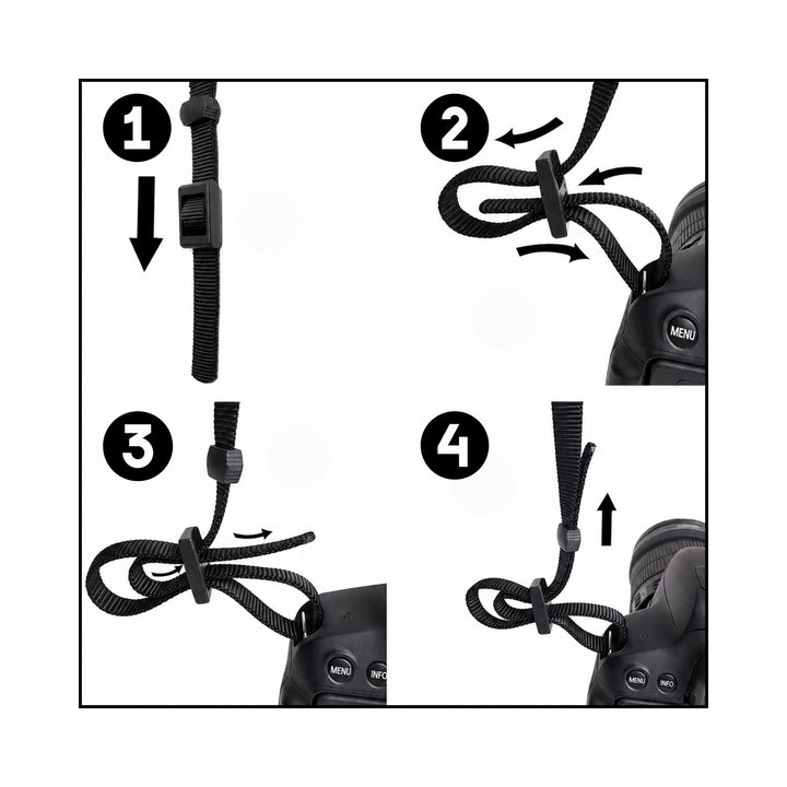 ClubCamera.com black woven nylon camera strap attachment steps for DSLR with textured buckle and non-slip fabric