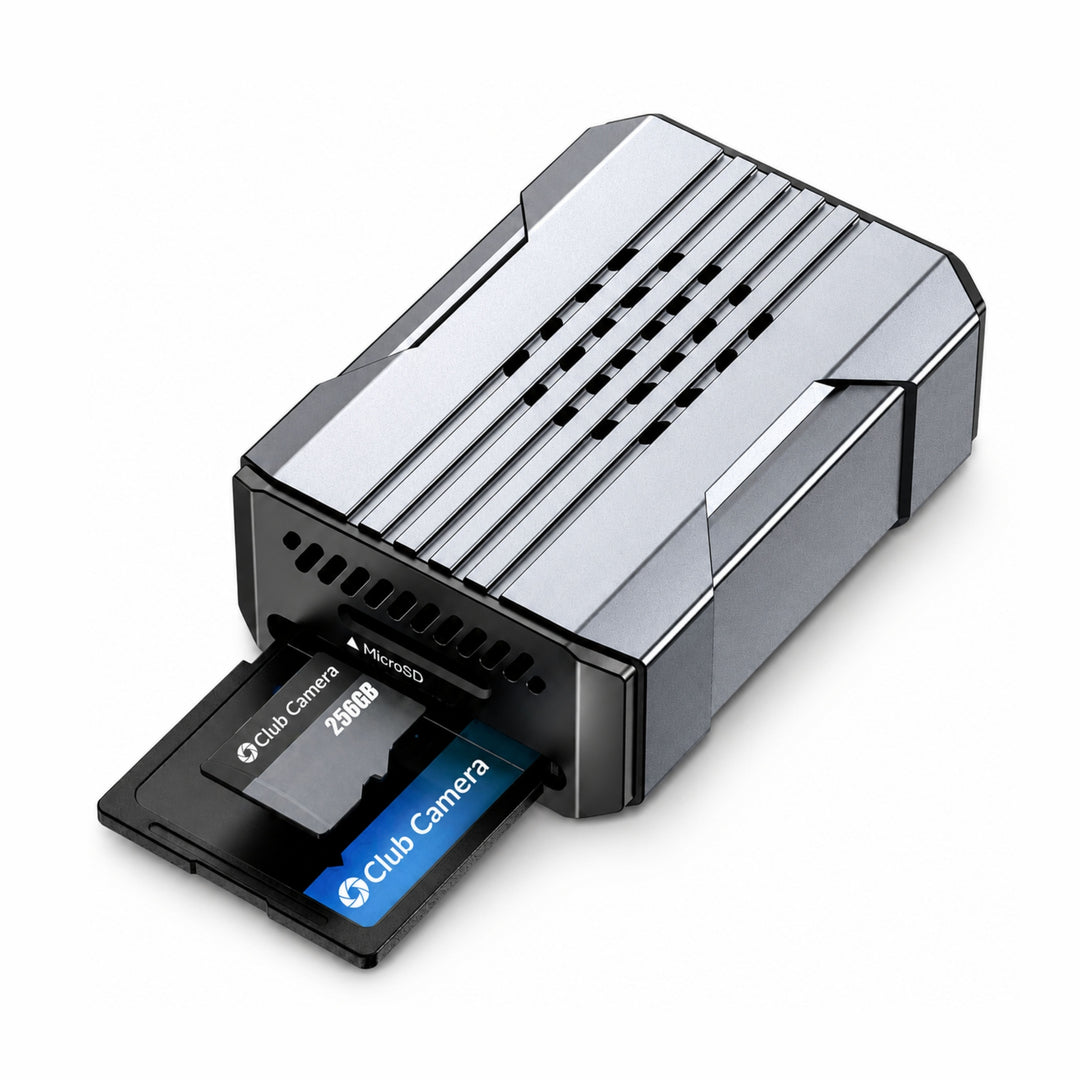 ClubCamera.com silver and black dual-slot Micro SD &amp; SD adapter with ribbed metallic finish showing inserted Club Camera 256GB cards