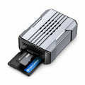 ClubCamera.com silver and black dual-slot Micro SD & SD adapter with ribbed metallic finish showing inserted Club Camera 256GB cards