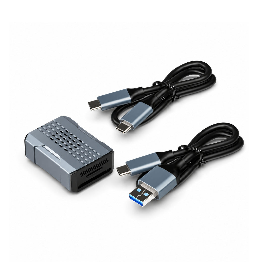 ClubCamera.com silver aluminum dual slot Micro SD and SD card reader with USB-C to USB-A 3.2 Gen 1 cables