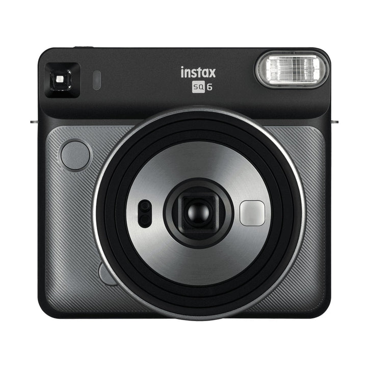 Front view of Fujifilm INSTAX Square SQ6 Graphite Gray square instant camera with brushed lens ring from ClubCamera.com