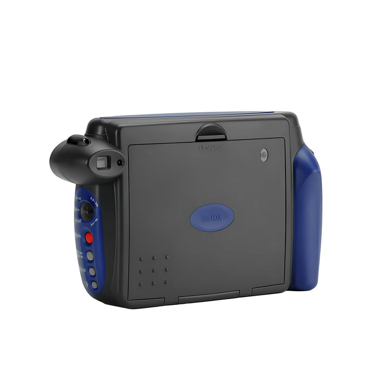 Rear view of blue and black Fujifilm INSTAX Wide 200 showing film latch and controls at ClubCamera.com