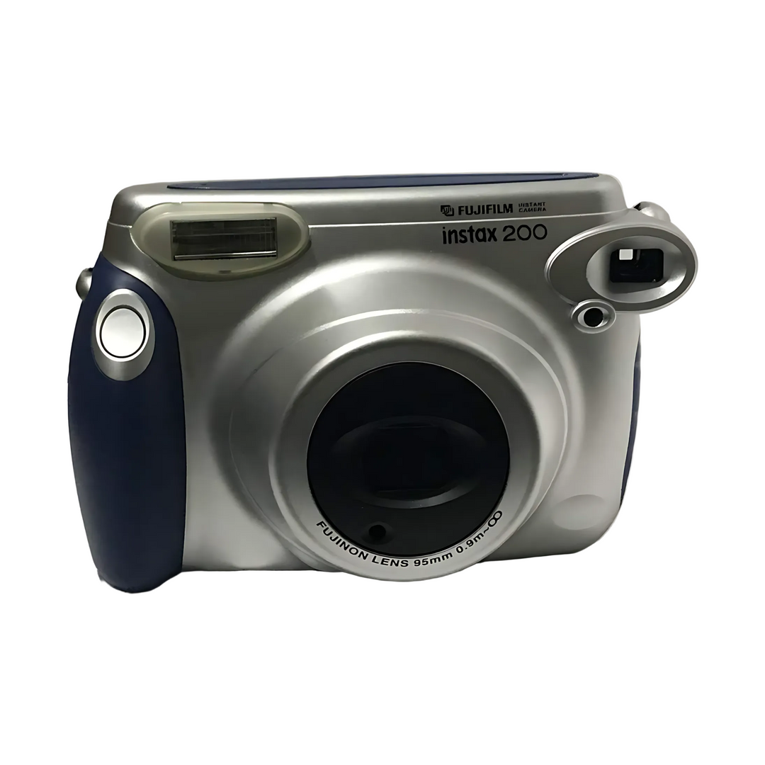 Front studio shot of silver and navy blue Fujifilm INSTAX Wide 200 instant camera at ClubCamera.com featuring wide-format lens assembly and matte finish