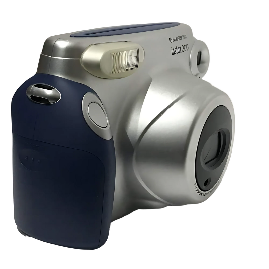 Front-left angle of silver and navy blue Fujifilm INSTAX Wide 200 instant camera at ClubCamera.com highlighting FUJINON lens and ergonomic dual-tone design