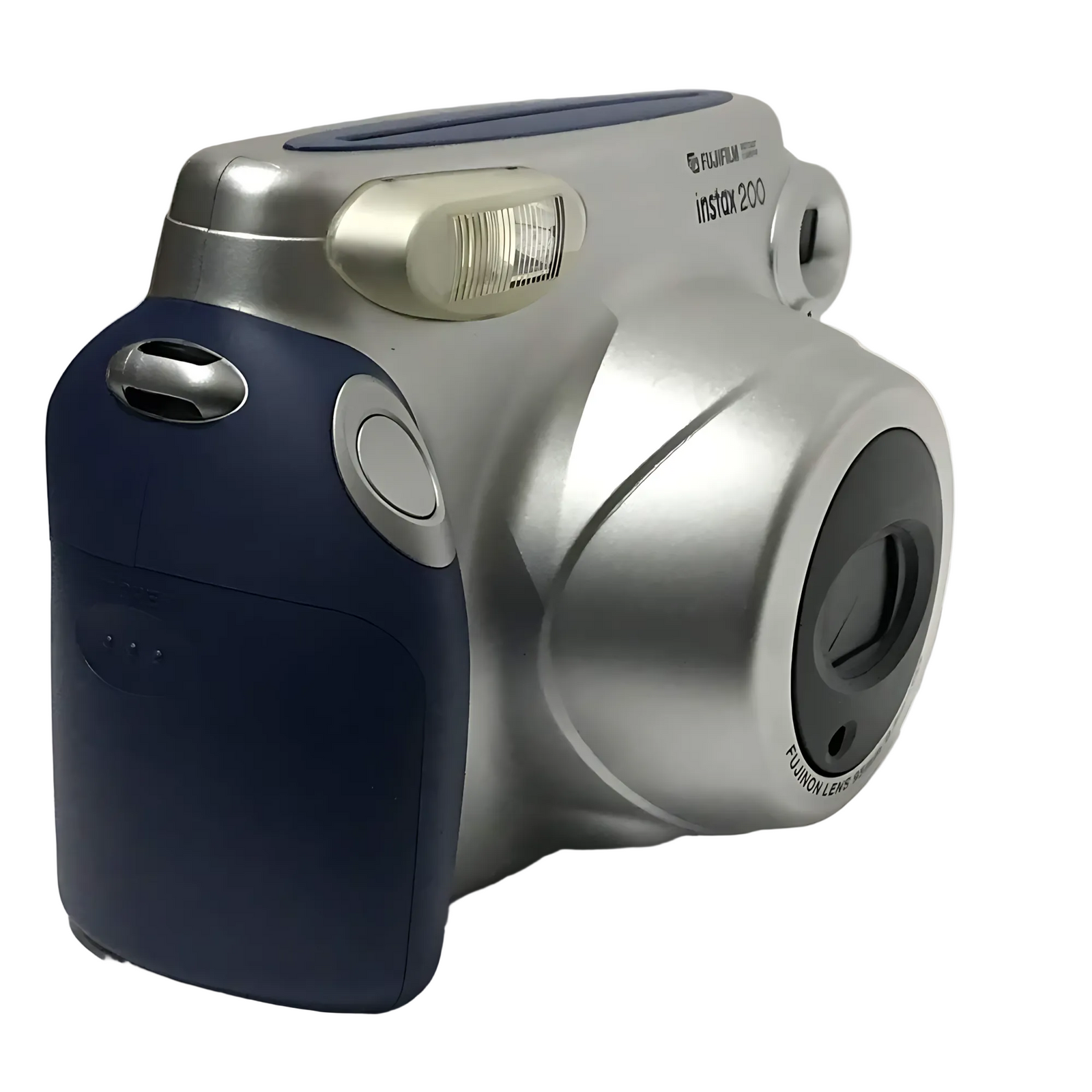 Front-left angle of silver and navy blue Fujifilm INSTAX Wide 200 instant camera at ClubCamera.com highlighting FUJINON lens and ergonomic dual-tone design