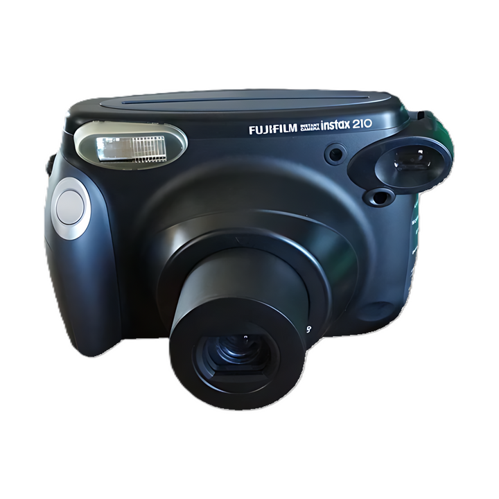 Front view of Fujifilm INSTAX Wide 210 instant camera in Midnight Blue with branding and flash at ClubCamera.com