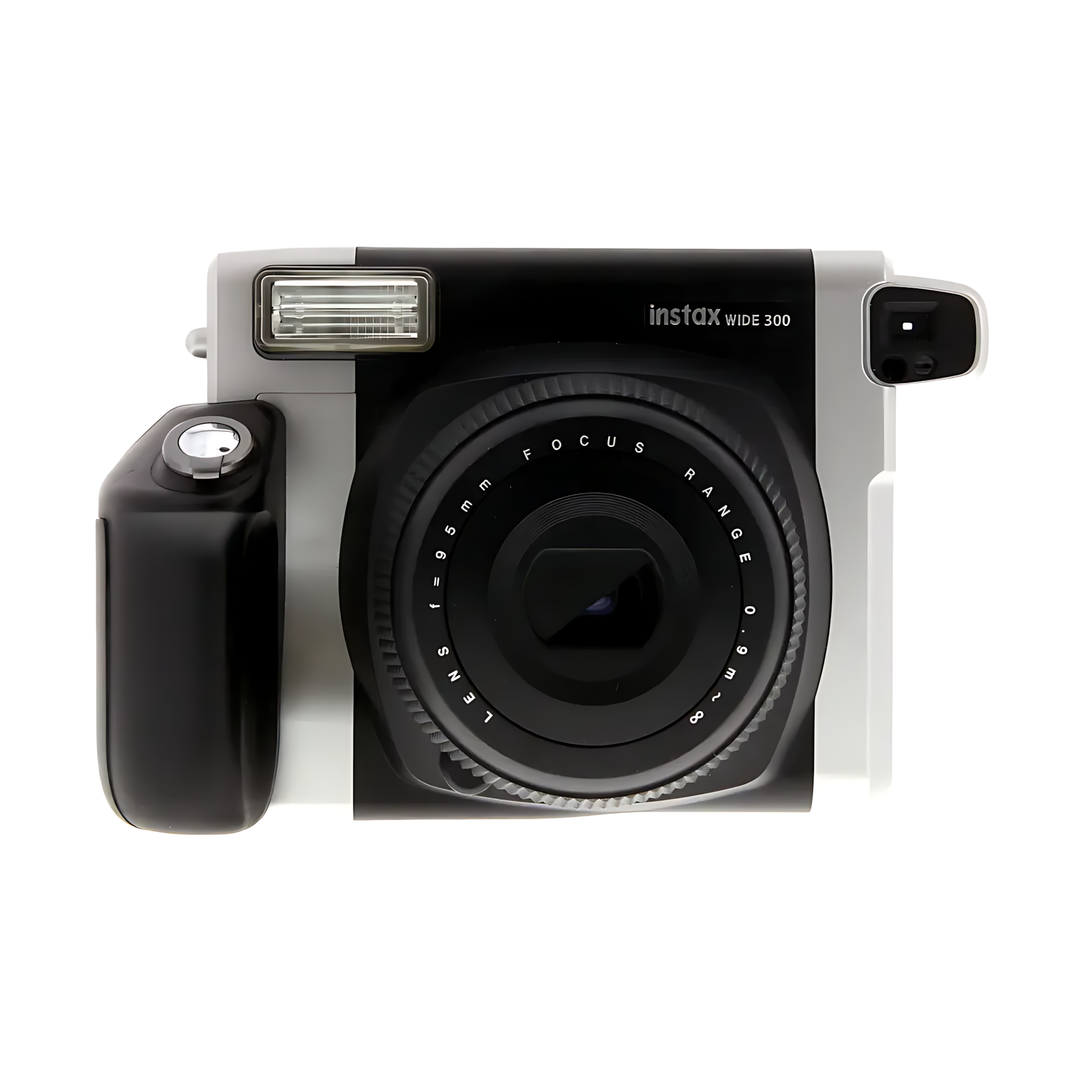 Front shot of black and silver Fujifilm INSTAX Wide 300 wide format instant camera with optical viewfinder at ClubCamera.com