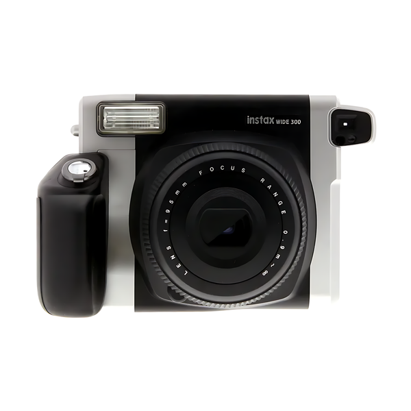 Front shot of black and silver Fujifilm INSTAX Wide 300 wide format instant camera with optical viewfinder at ClubCamera.com
