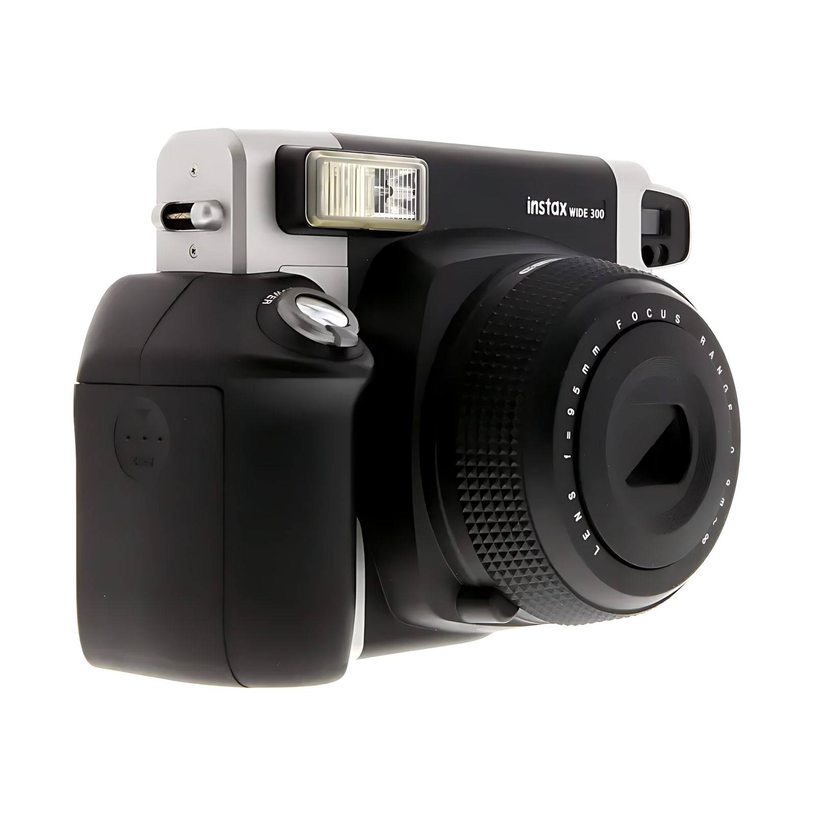 Fujifilm INSTAX Wide 300 black matte instant camera with silver top plate and textured focus ring at ClubCamera.com