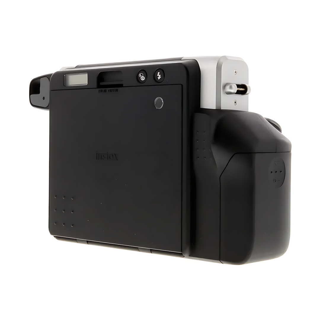 Rear view of black Fujifilm INSTAX Wide 300 instant film camera showing battery latch and instax logo at ClubCamera.com
