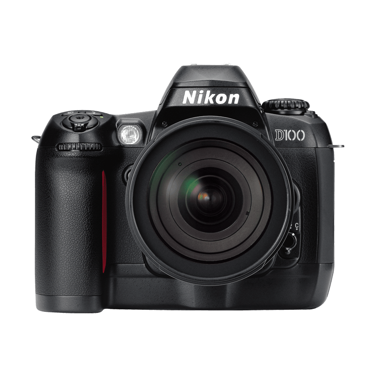 Nikon D100 black DSLR camera with textured grip and red accent stripe by ClubCamera.com