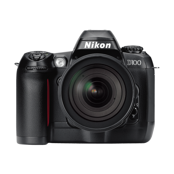 Nikon D100 black DSLR camera with textured grip and red accent stripe by ClubCamera.com