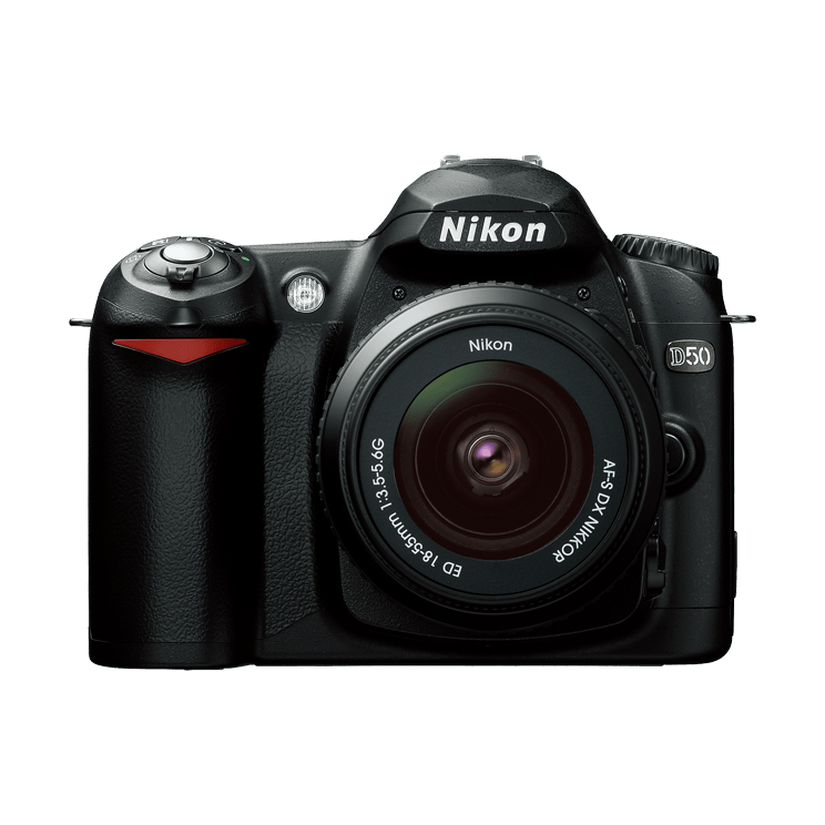 ClubCamera.com front shot of black Nikon D50 DSLR with kit lens displaying branding and red grip accent