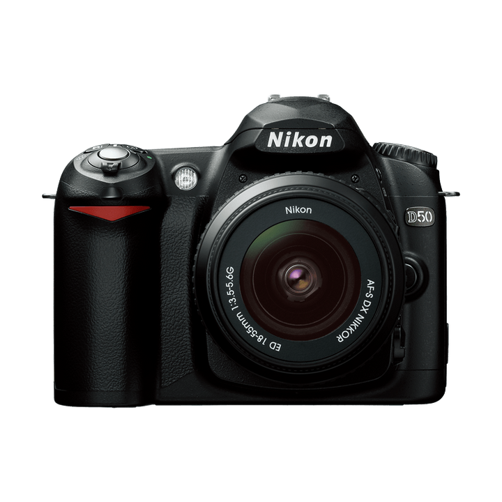 ClubCamera.com front shot of black Nikon D50 DSLR with kit lens displaying branding and red grip accent