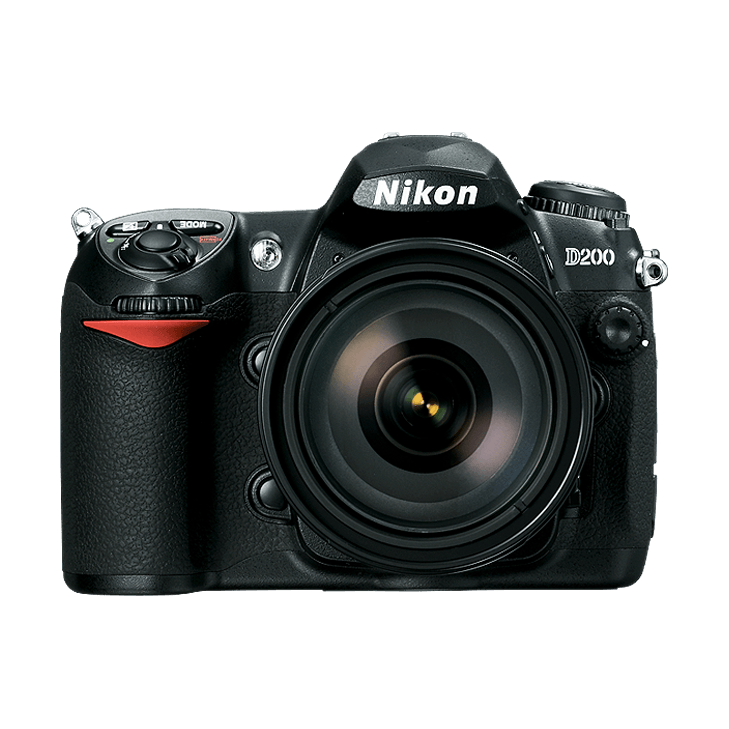 ClubCamera.com front view of black Nikon D200 DSLR with red grip accent and attached lens