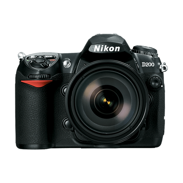 ClubCamera.com front view of black Nikon D200 DSLR with red grip accent and attached lens