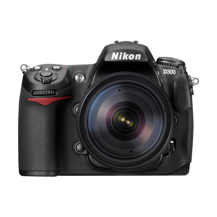 Front view of black Nikon D300 DSLR with multi-coated lens glass by ClubCamera.com highlighting symmetrical design