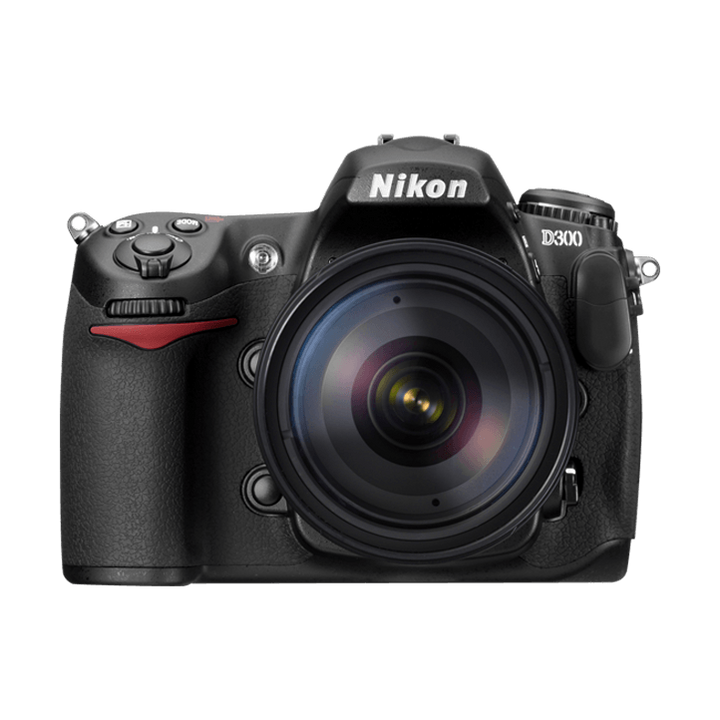Front view of black Nikon D300 DSLR with multi-coated lens glass by ClubCamera.com highlighting symmetrical design