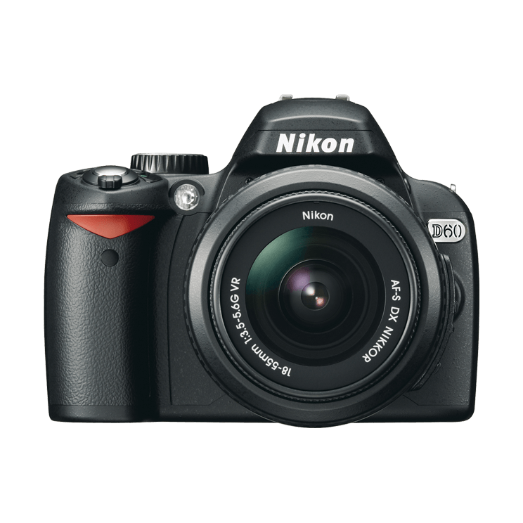 ClubCamera.com black Nikon D60 DSLR camera with 18-55mm VR lens and textured grip