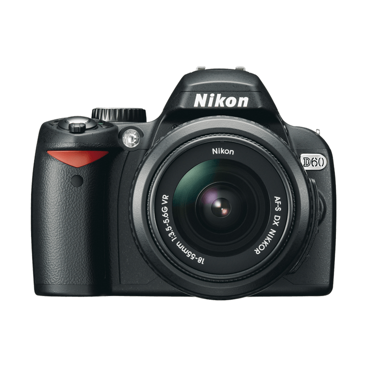ClubCamera.com black Nikon D60 DSLR camera with 18-55mm VR lens and textured grip