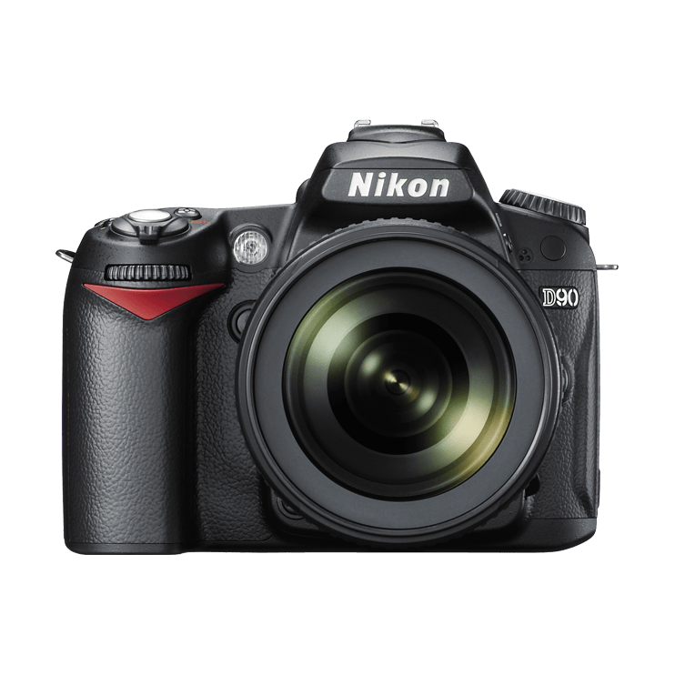 ClubCamera.com black Nikon D90 DSLR front view with red grip accent and wide-angle lens