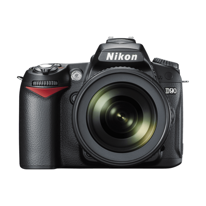 ClubCamera.com black Nikon D90 DSLR front view with red grip accent and wide-angle lens
