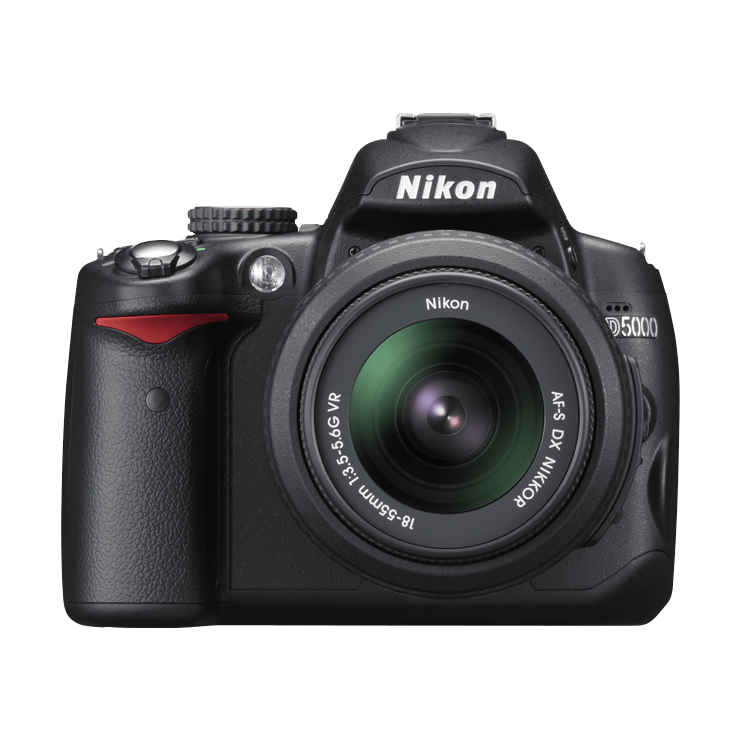 Nikon D5000 DSLR camera in black with 18-55mm lens and textured grip at ClubCamera.com