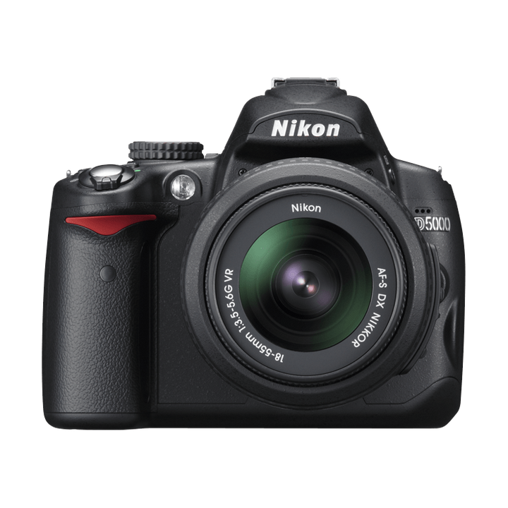 Nikon D5000 DSLR camera in black with 18-55mm lens and textured grip at ClubCamera.com