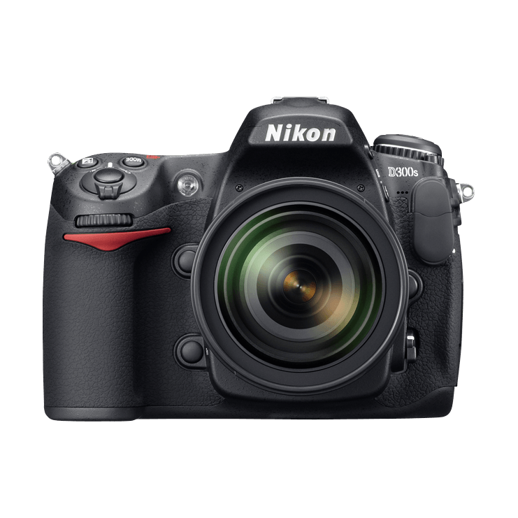 Nikon D300s DSLR camera black with red grip stripe and attached lens at ClubCamera.com