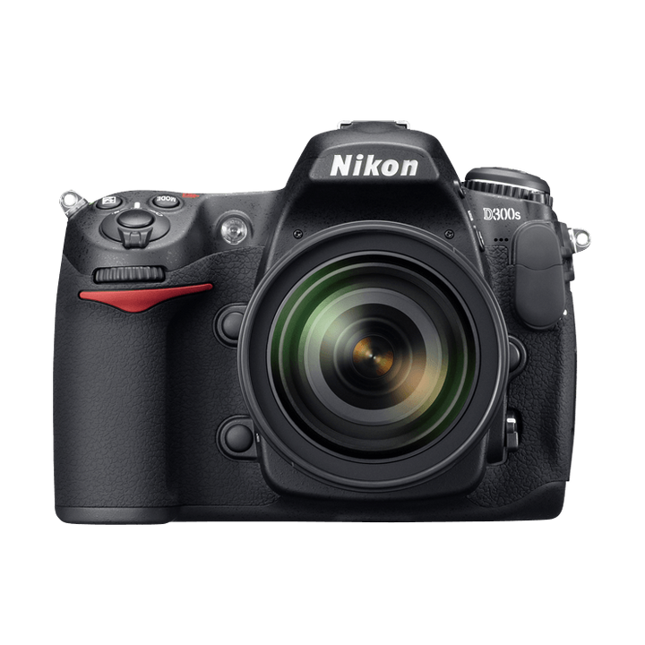 Nikon D300s DSLR camera black with red grip stripe and attached lens at ClubCamera.com