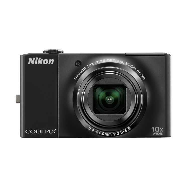 Front of black Nikon Coolpix S8000 with NIKKOR 10x zoom lens at ClubCamera.com