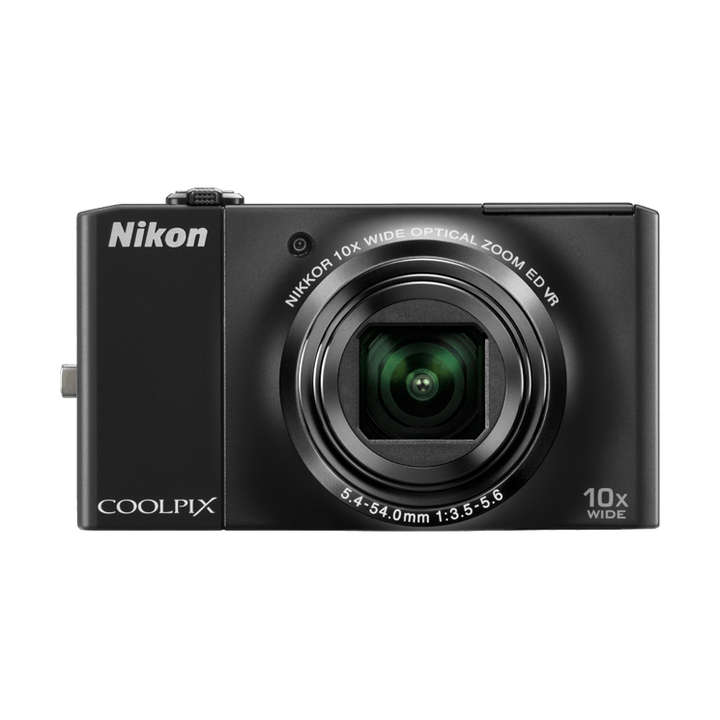Front of black Nikon Coolpix S8000 with NIKKOR 10x zoom lens at ClubCamera.com