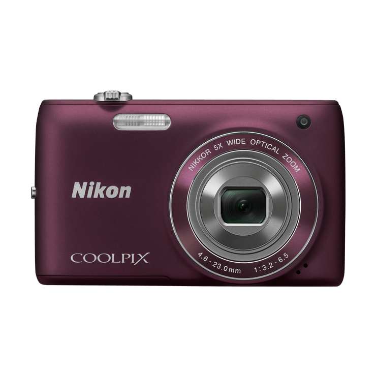 Front view of slim maroon Nikon Coolpix S4100 digital camera with retracted lens and white branding by ClubCamera.com