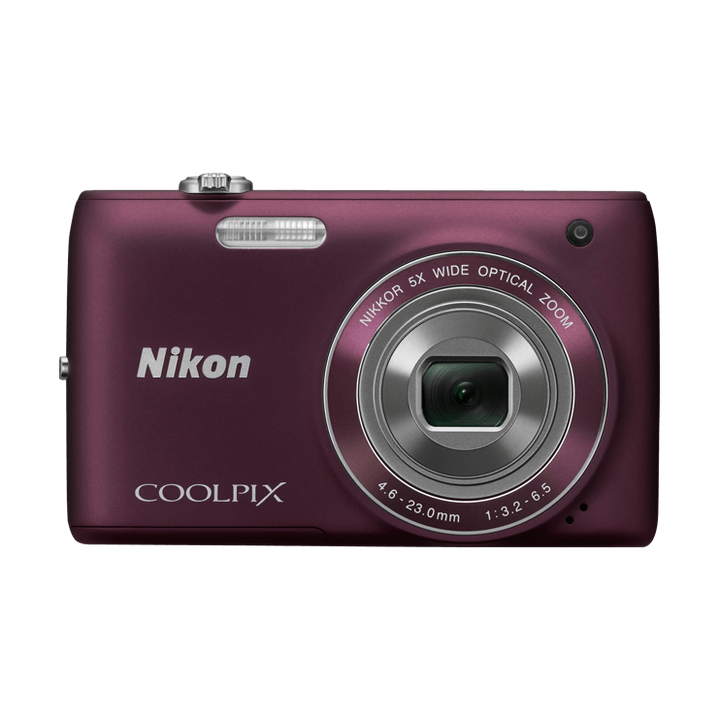 Front view of slim maroon Nikon Coolpix S4100 digital camera with retracted lens and white branding by ClubCamera.com