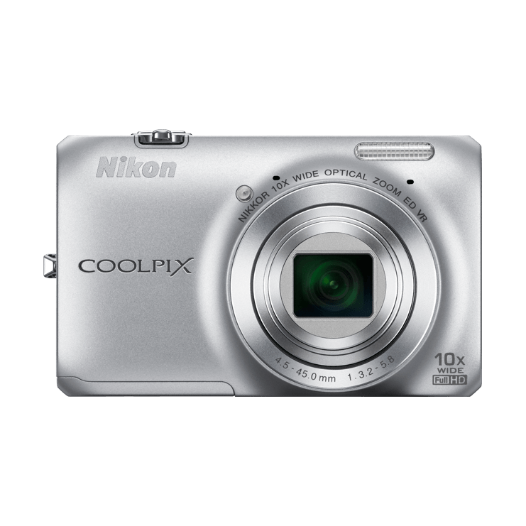 ClubCamera.com silver Nikon Coolpix S6300 front detail with NIKKOR 10x zoom lens and brushed metal finish