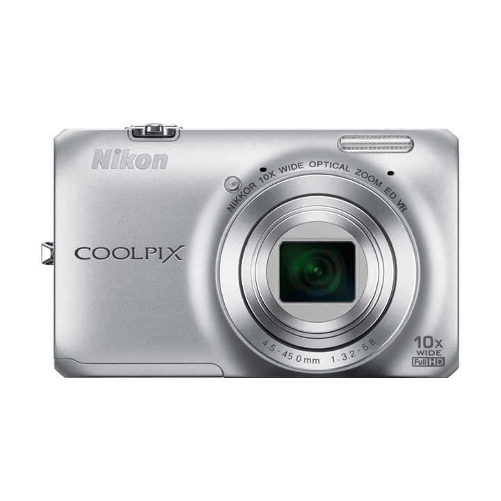 ClubCamera.com silver Nikon Coolpix S6300 front detail with NIKKOR 10x zoom lens and brushed metal finish
