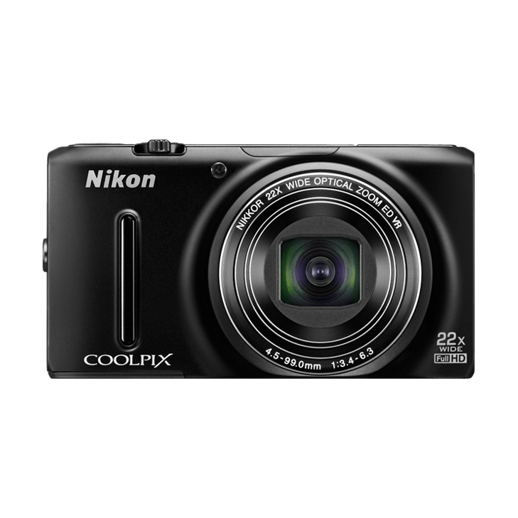 ClubCamera.com front view of black Nikon Coolpix S9500 featuring NIKKOR 22x optical zoom lens and Full HD branding