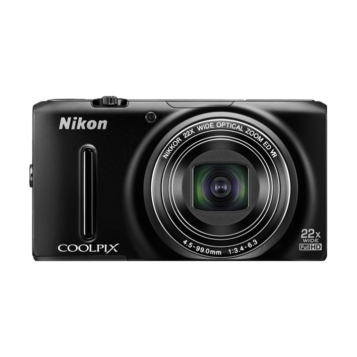 ClubCamera.com front view of black Nikon Coolpix S9500 featuring NIKKOR 22x optical zoom lens and Full HD branding