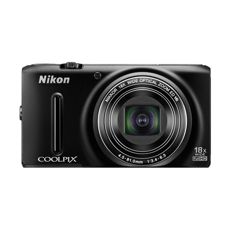 ClubCamera.com black Nikon Coolpix S9400 compact digital camera with silver trim and NIKKOR 18x zoom lens