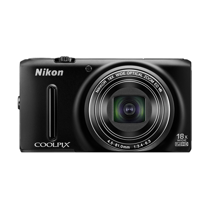 ClubCamera.com black Nikon Coolpix S9400 compact digital camera with silver trim and NIKKOR 18x zoom lens