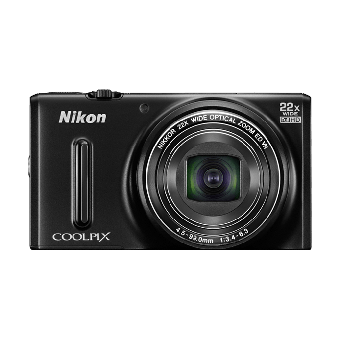 ClubCamera.com front shot of black Nikon Coolpix S9600 point and shoot camera with green-coated lens element