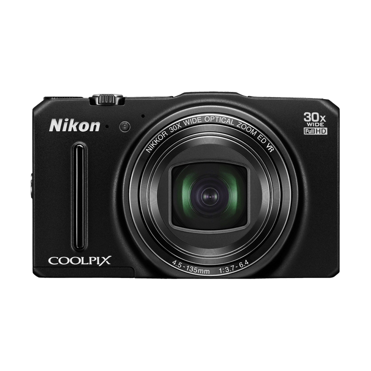 Front shot of black Nikon Coolpix S9700 featuring NIKKOR 30x optical zoom lens and Full HD badge from ClubCamera.com