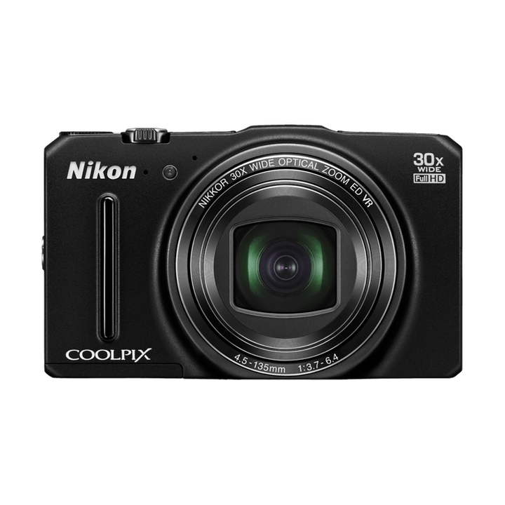 Front shot of black Nikon Coolpix S9700 featuring NIKKOR 30x optical zoom lens and Full HD badge from ClubCamera.com