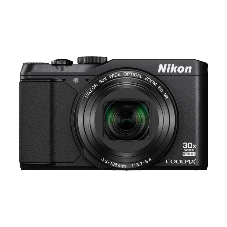 ClubCamera.com front shot of black Nikon Coolpix S9900 displaying NIKKOR 30x optical zoom lens and Full HD branding
