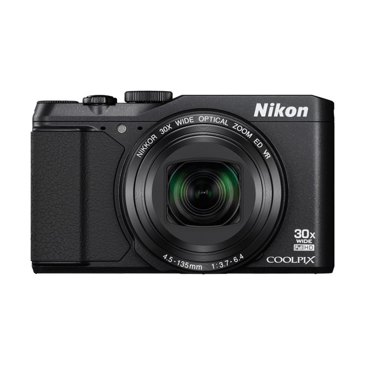 ClubCamera.com front shot of black Nikon Coolpix S9900 displaying NIKKOR 30x optical zoom lens and Full HD branding