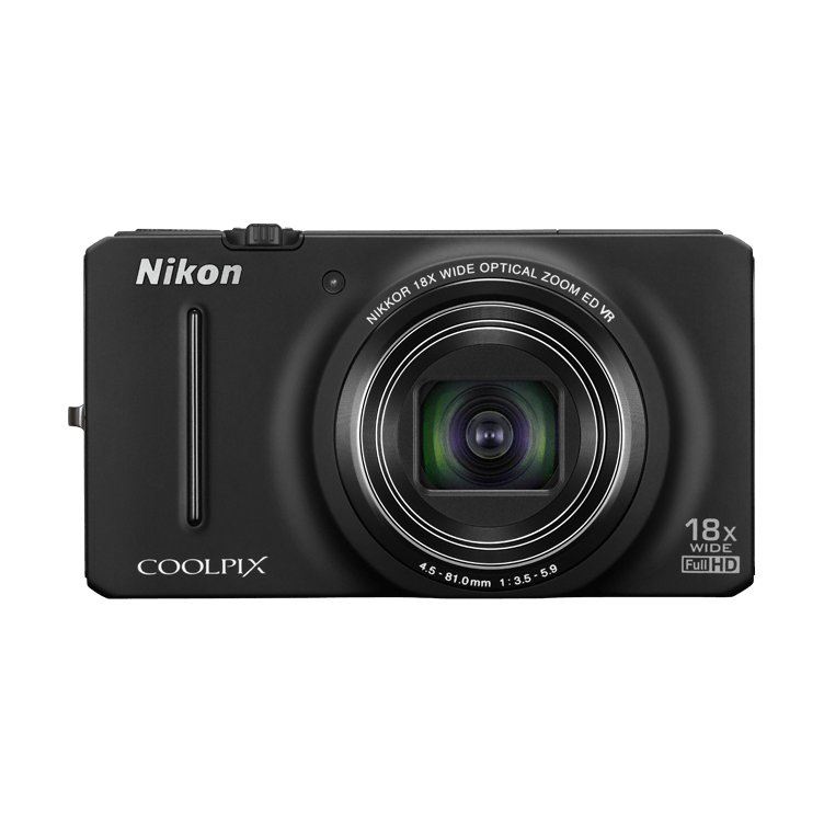 Front shot of black Nikon Coolpix S9200 compact camera featuring NIKKOR 18x optical zoom lens and Full HD badge from ClubCamera.com