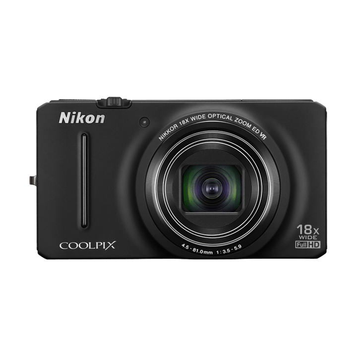 Front shot of black Nikon Coolpix S9200 compact camera featuring NIKKOR 18x optical zoom lens and Full HD badge from ClubCamera.com