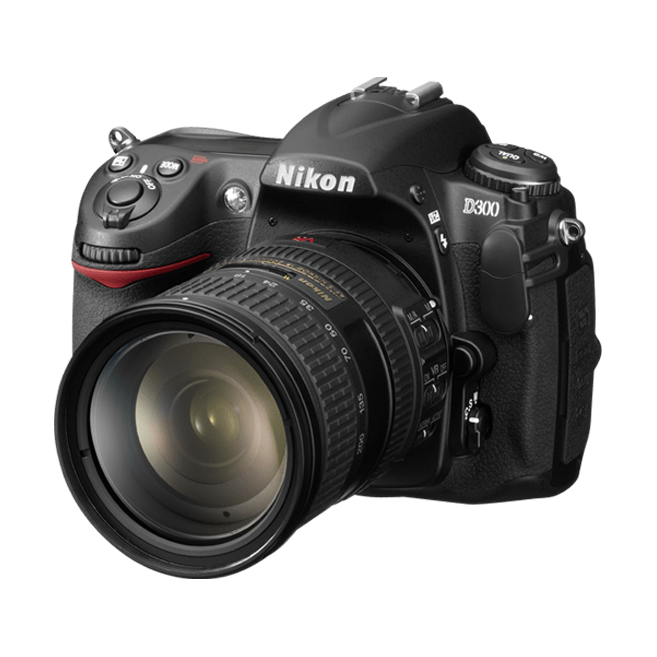 Nikon D300 DSLR camera with 18-105mm lens by ClubCamera.com showing textured grip and red accent stripe
